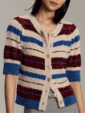 Anthropologie Maeve Striped Fuzzy Fall Cardigan Sweater, NEW